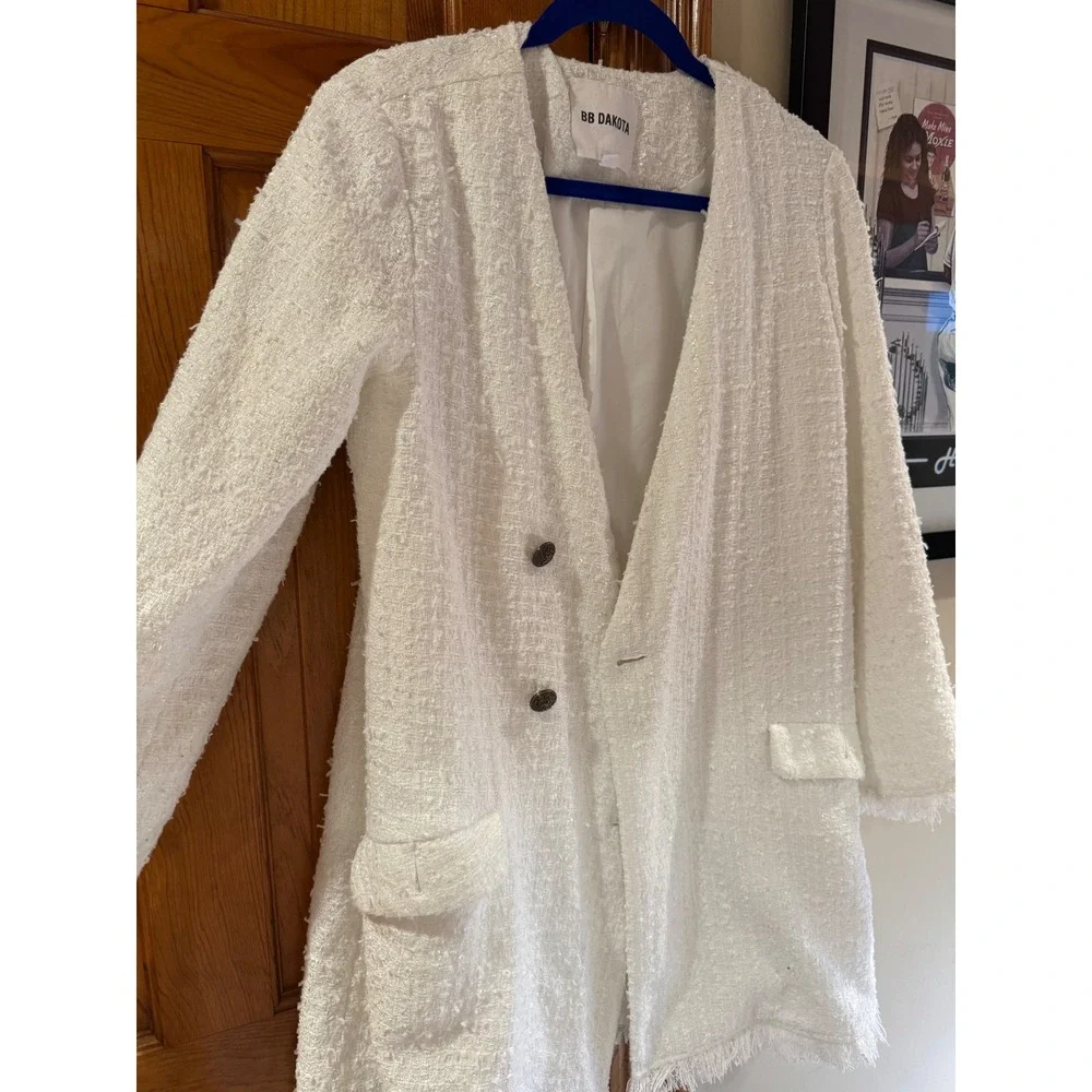 BB Dakota Tweed Coat Cream Frayed Edge Jacket Long Blazer Womens Medium - Picture 5 of 9